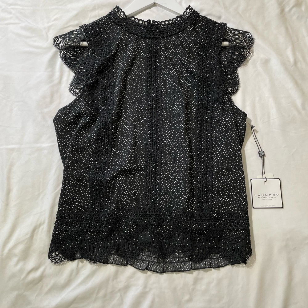 NWT Laundry by Shelli Segal Black Lace Ruffle Dotted Blouse Top Medium
